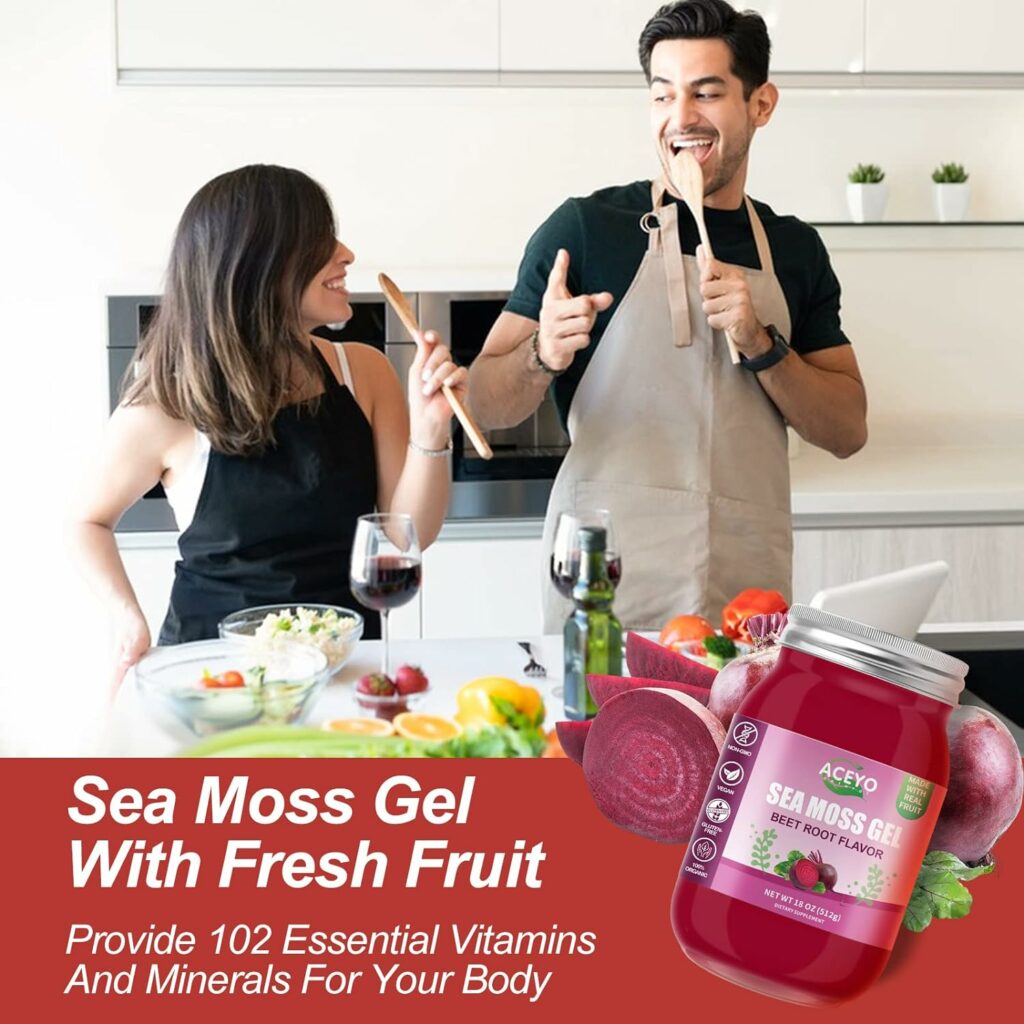 (18 OZ) Sea Moss Gel Organic Raw Irish Seamoss Gel Flavored Vegan for Women Men Beetroot 102 Vitamins and Minerals Wild Harvested Non-GMO Immune Defense Booster Thyroid Digestive Support Supplement