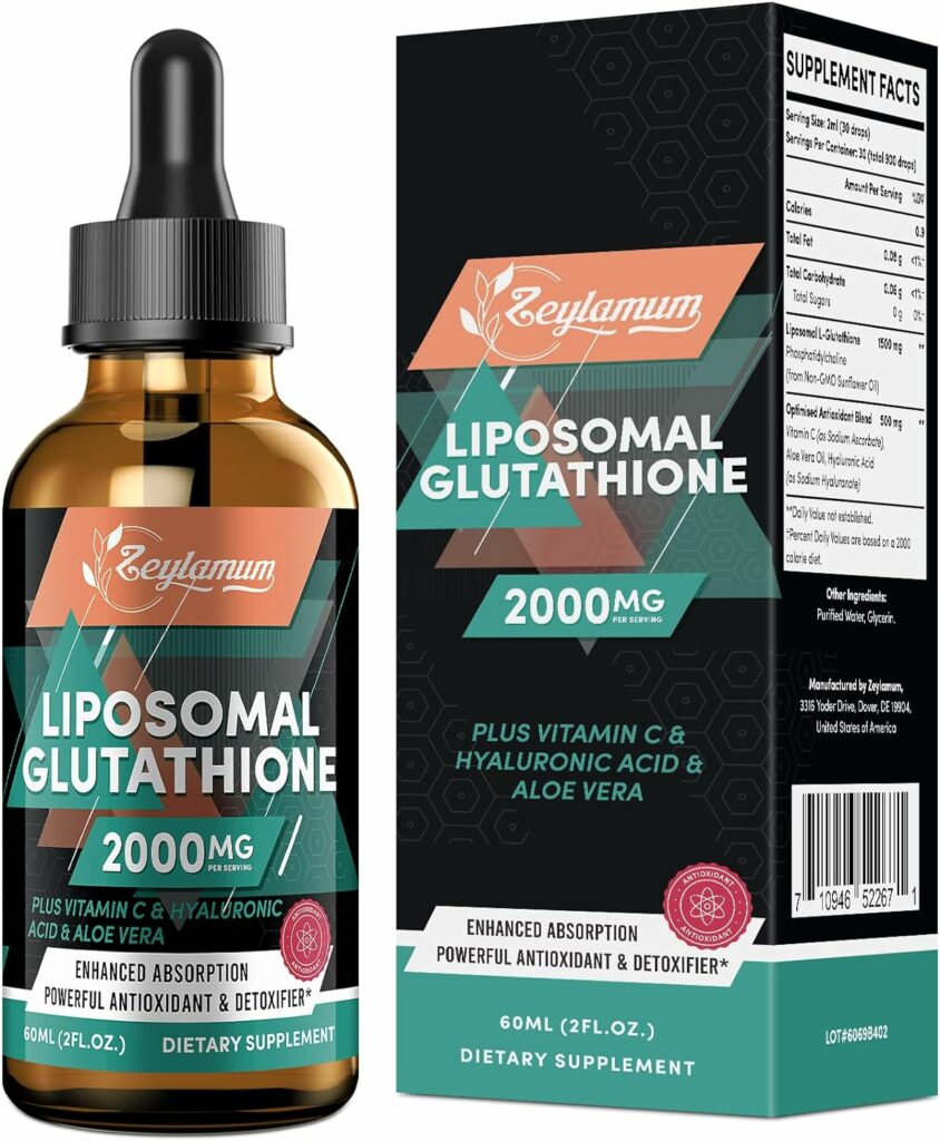 2000MG Liposomal Glutathione Liquid Drops, Enhanced Absorption, Glutathione Supplement, with Vitamin C, Hyaluronic Acid, L-Glutathione, Non-GMO Antioxidant for Liver Detox, Immune System, 8.08 OZ