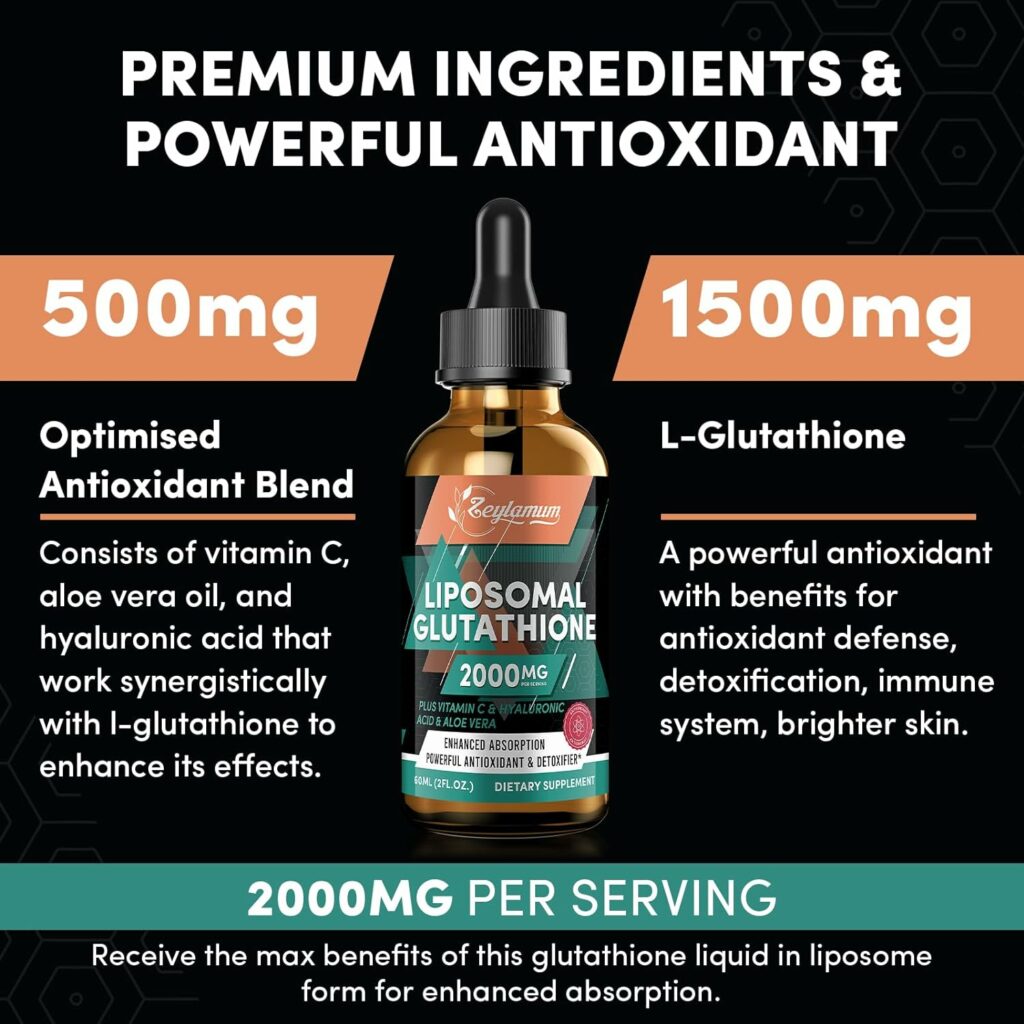 2000MG Liposomal Glutathione Liquid Drops, Enhanced Absorption, Glutathione Supplement, with Vitamin C, Hyaluronic Acid, L-Glutathione, Non-GMO Antioxidant for Liver Detox, Immune System, 8.08 OZ