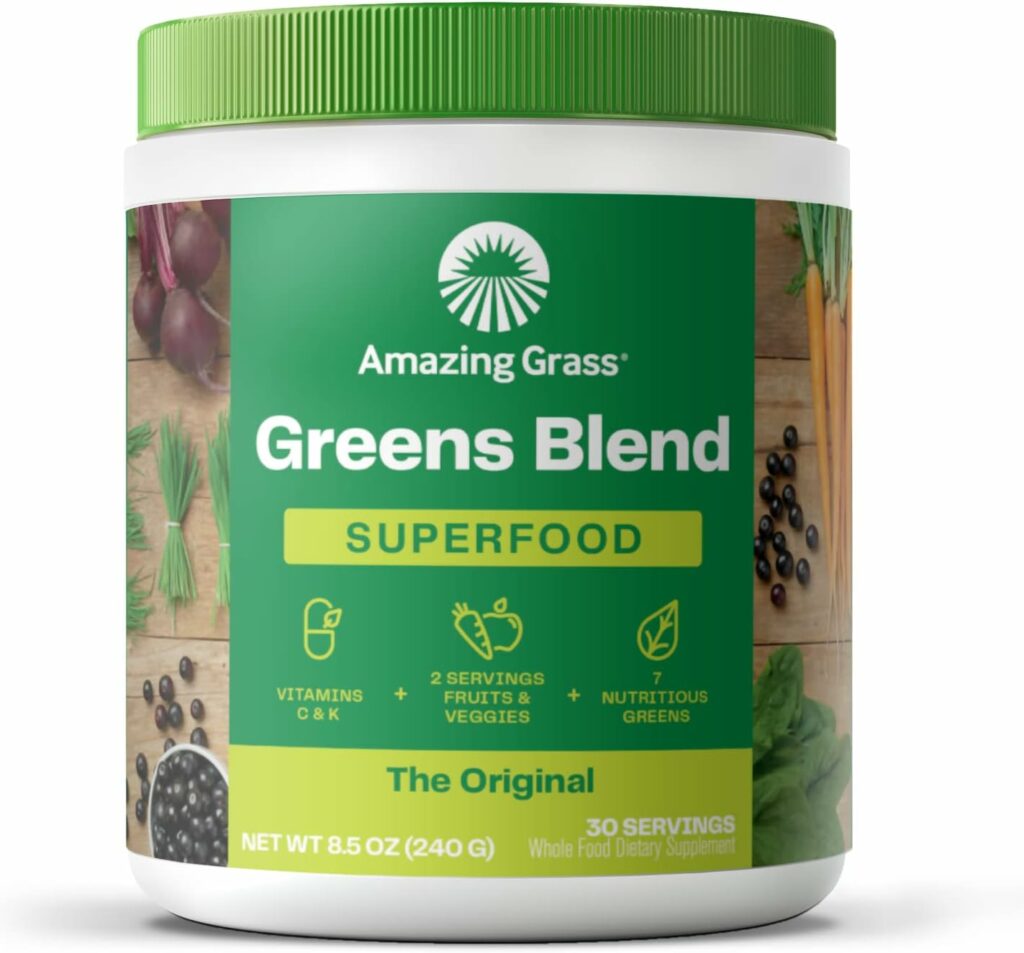 Amazing Grass Greens Blend Superfood: Super Greens Powder Smoothie Mix for Boost Energy ,with Organic Spirulina, Chlorella, Beet Root Powder, Digestive Enzymes  Probiotics, Original, 30 Servings