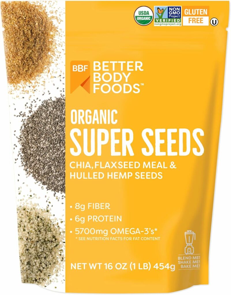 BetterBody Foods Superfood Organic Super Seeds - Blend of Organic Chia Seeds, Milled Flax Seed, Hemp Hearts, Add to Smoothies Shakes  More, 1lb, 16 oz