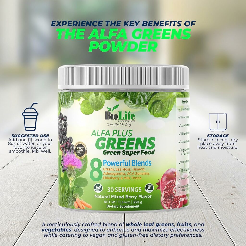 Biolife Alfa Plus Greens Superfood Powder - 8 Blends of Greens Superfood, Fiber, Antioxidant, Adaptogen Herb, Metabolism  Cleanse. Immunity  Cognitive, Detox  Mineral,  Digestive Support