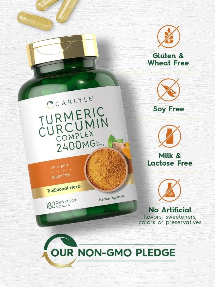 Carlyle Turmeric Curcumin Supplement 2400mg | 180 Powder Capsules | Herbal Formula | Non-GMO, Gluten Free