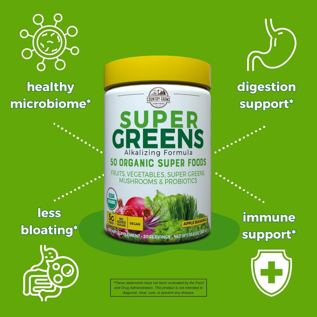 Country Farms Super Greens Apple Banana Flavor, 50 Organic Super Foods, USDA Organic Drink Mix, Fruits, Vegetables, Super Greens, Mushrooms  Probiotics, Supports Energy, 20 Servings, 10.6 Oz