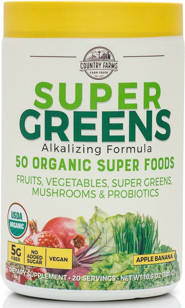 Country Farms Super Greens Apple Banana Flavor, 50 Organic Super Foods, USDA Organic Drink Mix, Fruits, Vegetables, Super Greens, Mushrooms  Probiotics, Supports Energy, 20 Servings, 10.6 Oz