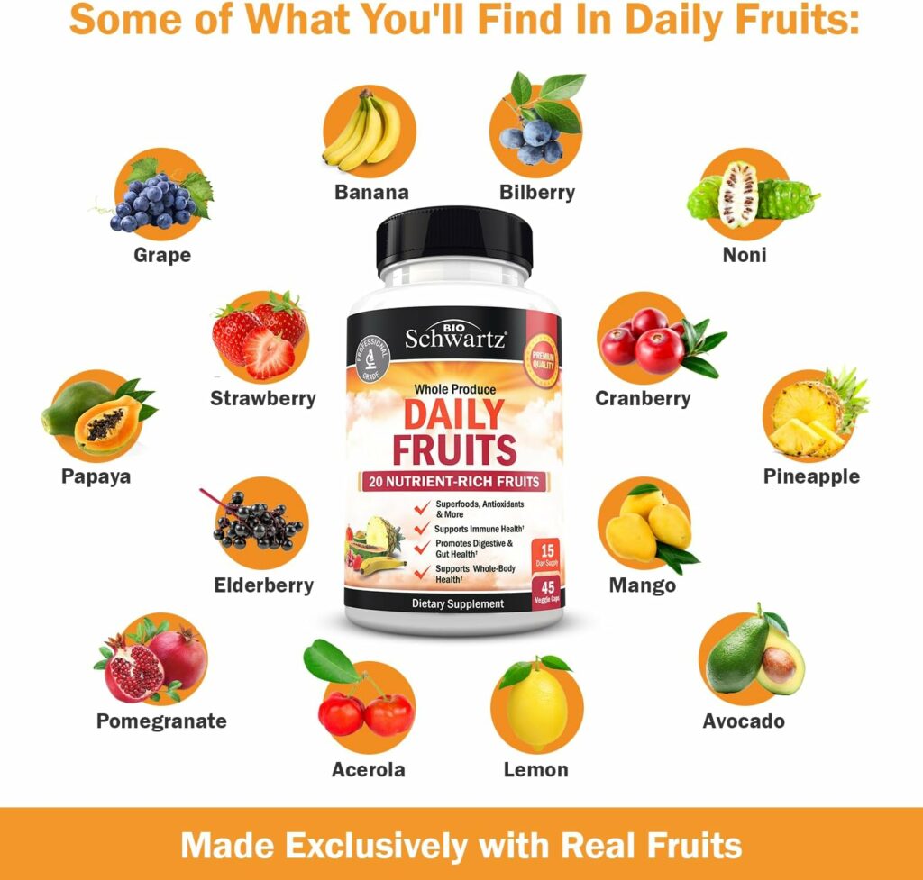 Daily Fruits and Veggies Supplement for Women and Men - 47 Whole Food Fruits and Vegetables - Natural Source of Vitamins, Minerals and Lycopene - 45 Fruit Capsules, 45 Veggie Capsules (2 Pack)