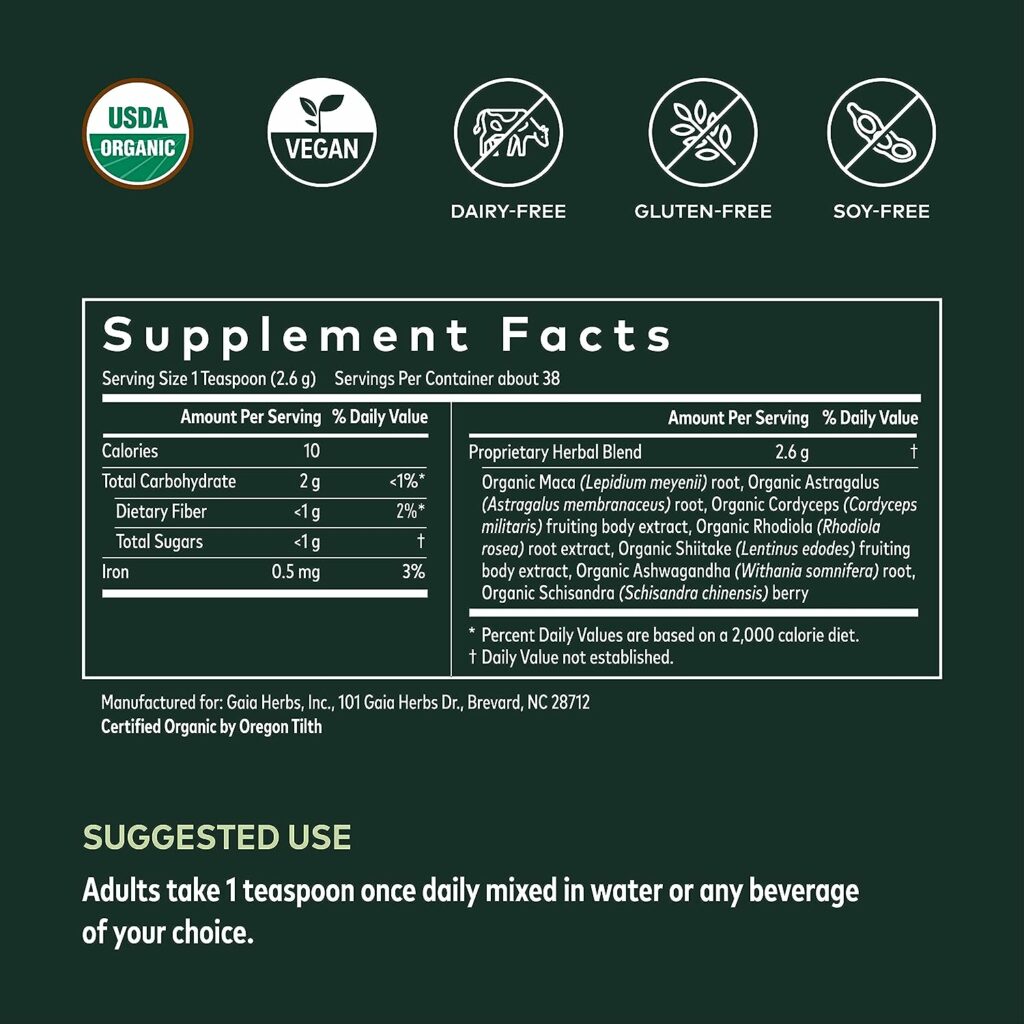 Gaia Herbs Everyday Adaptogen Powder - Helps Provide Energy Support  Maintain Healthy Stress Levels in Physically Active - with Maca Root, Cordyceps, Ashwagandha  More - 3.5 Oz (38-Day Supply)