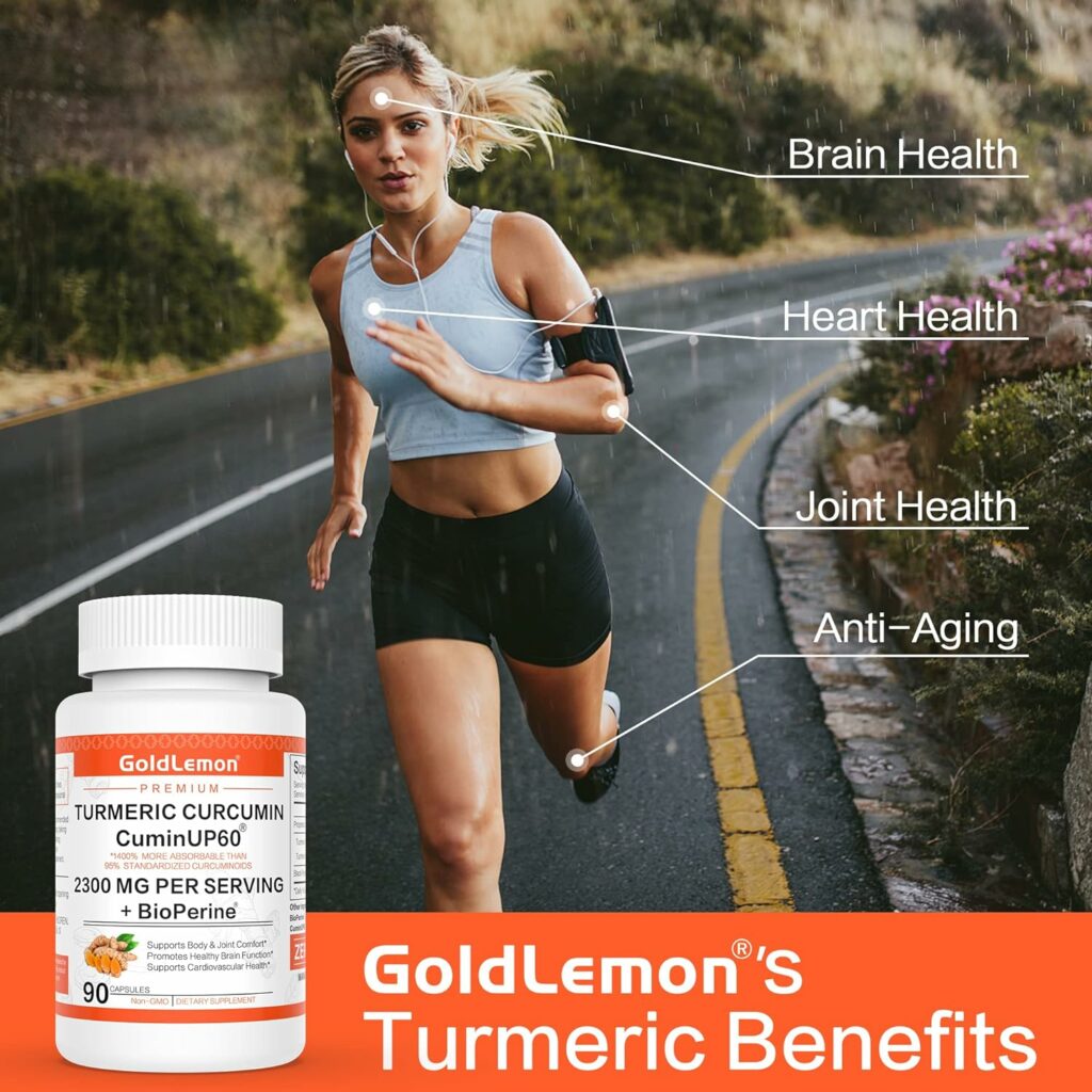 GOLDLEMON Turmeric Curcumin with Black Pepper  Ginger 2300 MG, Organic Tumeric Extract Supplement with BioPerine for Natural Joint Support - Non-GMO Gluten Free Herbal Supplement - 90 Capsules