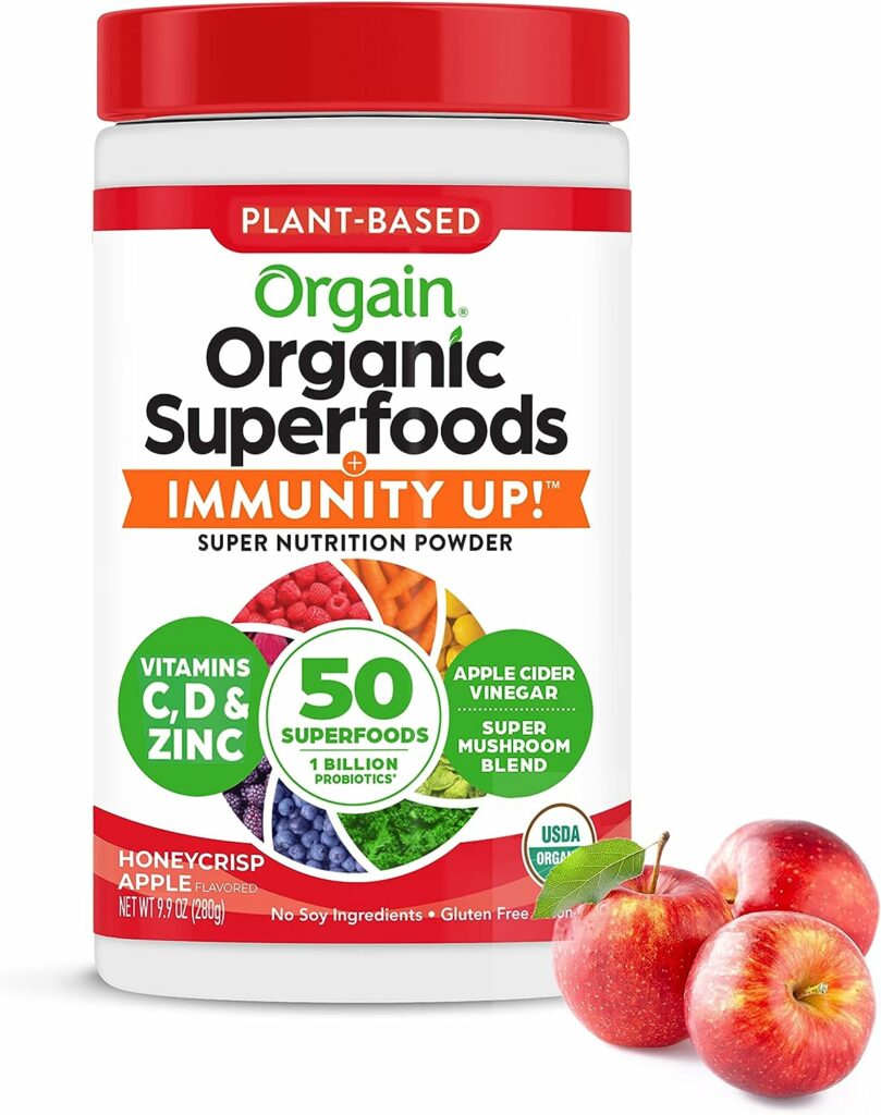 Greens Powder + Superfoods Immune Support, Orgain Organic Immunity Up! Powder, Honeycrisp Apple - Vitamin D, Vitamin C, Zinc, Apple Cider Vinegar, Probiotics, Ashwagandha  Reishi Mushrooms - 0.62lb