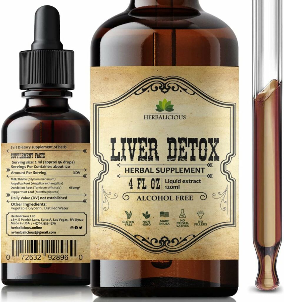 HERBALICIOUS Liver Supplement – Natural Liver Support Drops – Herbal Supplement Drink with Milk Thistle, Angelica Root, Dandelion Root, Turmeric, Peppermint - Liver Cleanse Detox – 4 fl oz