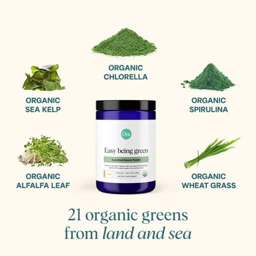 Ora Organic Greens Powder - Vegan, Gluten-Free, Organic Super Greens Drink for Energy and Detox | Antioxidants  Adaptogenic Herbs | 20+ Superfood Greens Blend - Citrus Flavor, 30 Servings