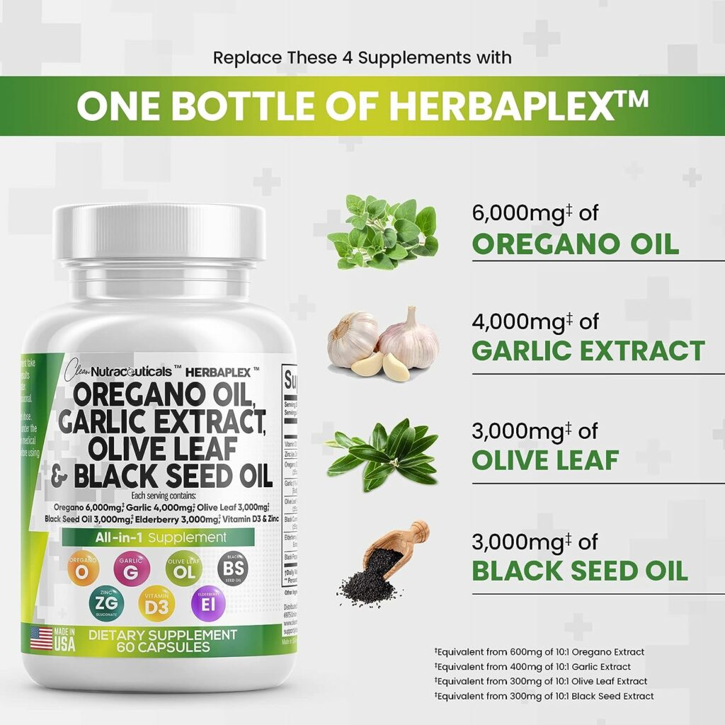 Oregano Oil 6000mg Garlic Extract 4000mg Olive Leaf 3000mg Black Seed Oil 3000mg - Immune Support  Digestive Health Supplement for Women and Men with Vitamin D3 and Zinc - Made in USA 60 Caps
