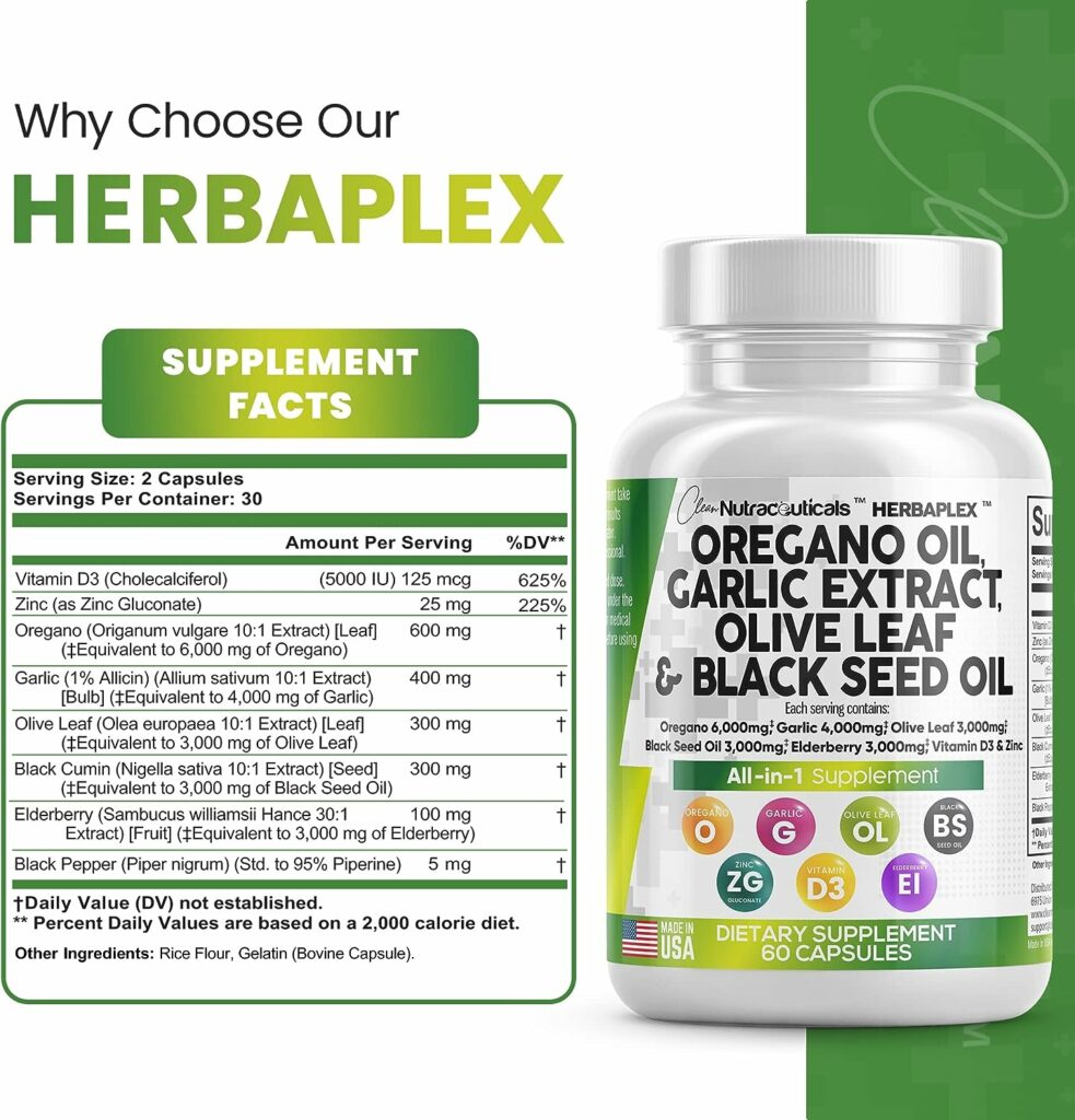 Oregano Oil 6000mg Garlic Extract 4000mg Olive Leaf 3000mg Black Seed Oil 3000mg - Immune Support  Digestive Health Supplement for Women and Men with Vitamin D3 and Zinc - Made in USA 60 Caps