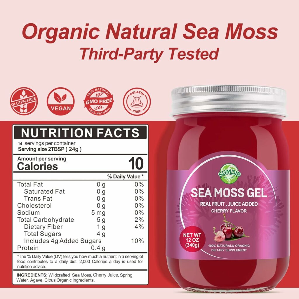 Sea Moss Gel, Organic Raw Wildcrafted Irish Seamoss Gel Immune and Digestive Support Vitamin Mineral Antioxidant Supplements, Cherry 12oz