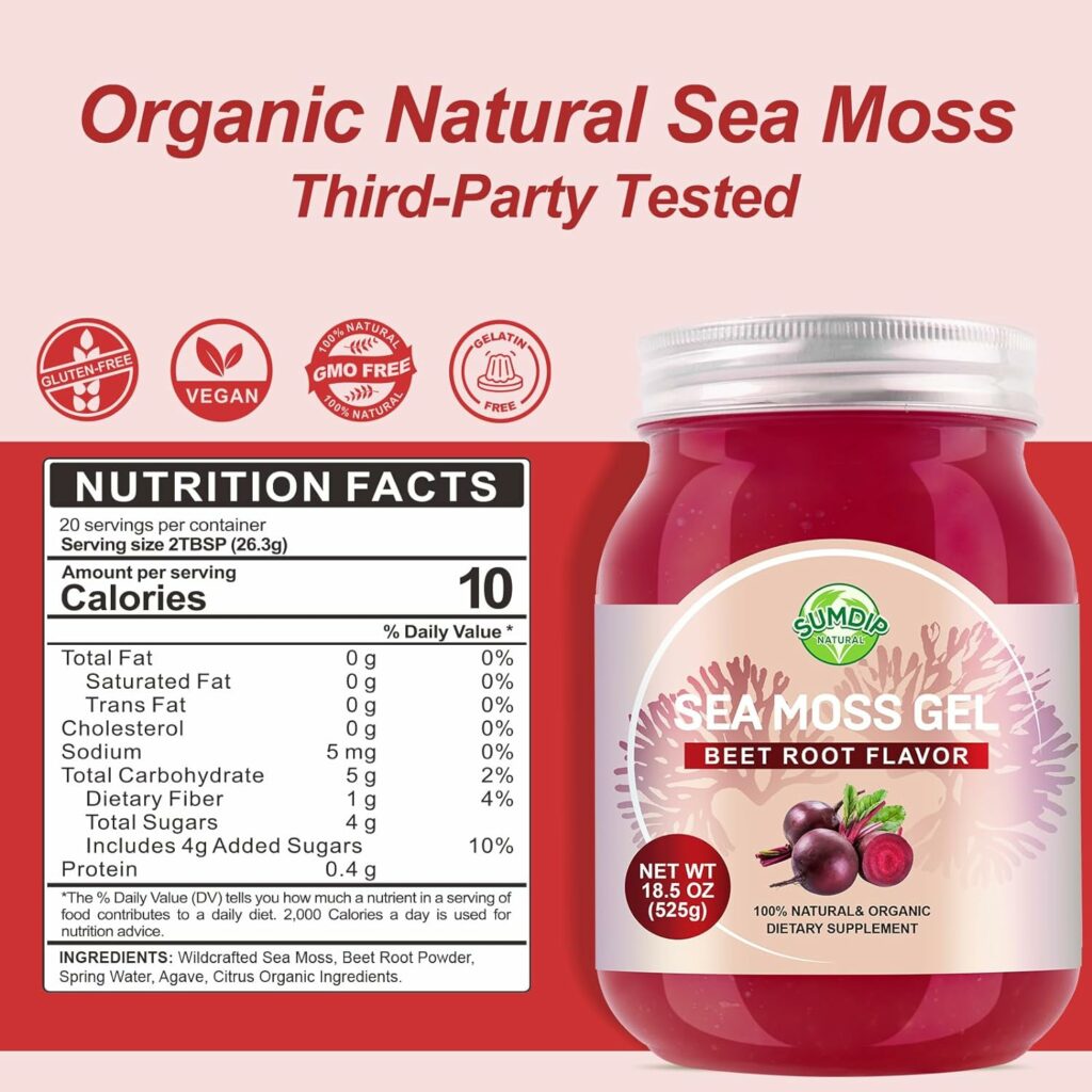 Seamoss Gel, 18.5OZ Organic Raw Wildcrafted Irish Seamoss Gel Immune and Digestive Support Vitamin Mineral Antioxidant Supplements, Beet Root