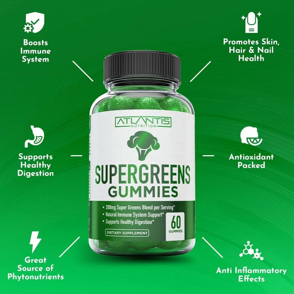 Supergreens Gummies - Daily Green Superfoods Supplement with Spinach, Broccoli, Moringa, Beet Root, Celery, Green Tea,  Acai for Immunity Support - Natural Raspberry Flavor, 60 Supergreen Gummies
