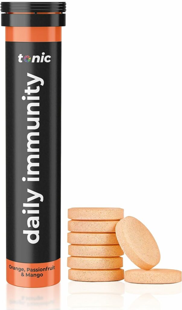 Tonic Health Immunity Supplement - 11 in 1 Vitamins, Minerals  Phytonutrients - Vitamin D, Vitamin C, Zinc - Natural, Vegan, No Sugar - Max Strength Effervescent Tablets - Orange  Mango (20 Tablets)