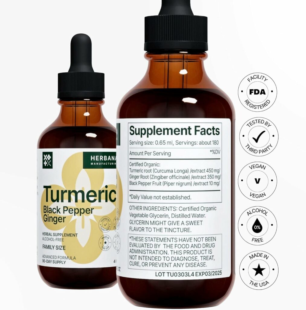 Turmeric 3-in-1 Liquid Extract 4 fl oz - Curcumin  Ginger, Black Pepper - Natural Herbal Supplement - Joints  Muscle Support Drops - Immune and Brain Booster Tincture - High Potency - 90-Day Supply