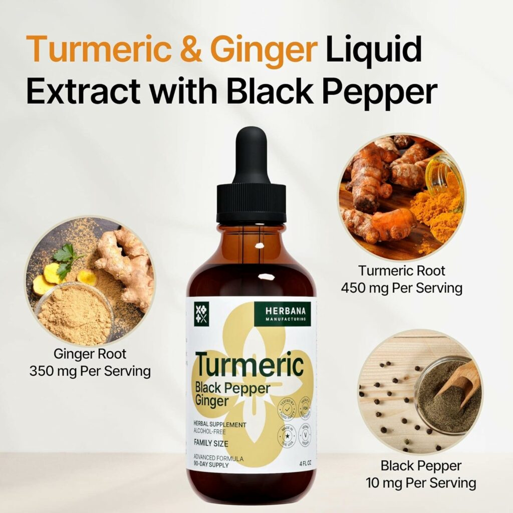 Turmeric 3-in-1 Liquid Extract 4 fl oz - Curcumin  Ginger, Black Pepper - Natural Herbal Supplement - Joints  Muscle Support Drops - Immune and Brain Booster Tincture - High Potency - 90-Day Supply