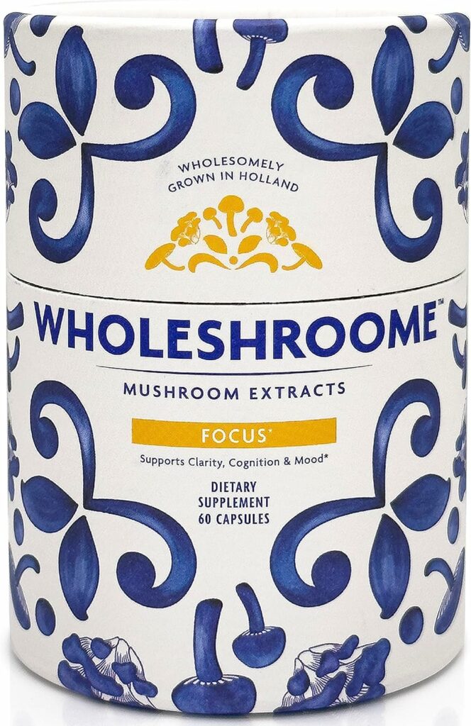 Wholeshroome Focus - Premium European Mushroom Supplement - Prop 65 Compliant - Lions Mane, Ashwagandha, Bacopa, Shitake, Maitake Extract- Nootropic Brain Support Memory  Stress Relief - 60 Capsules