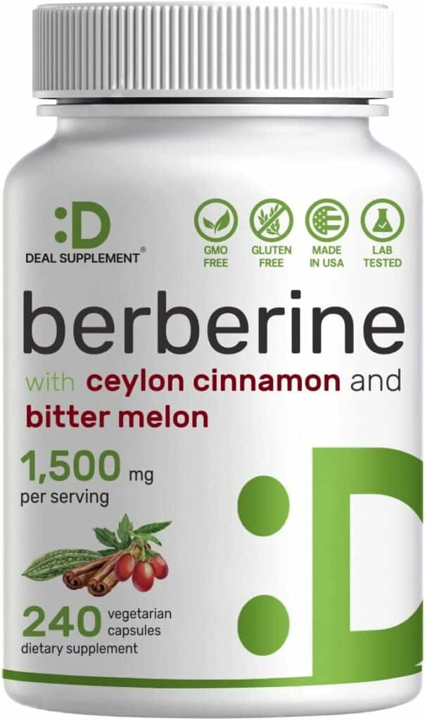 Berberine Supplement 500mg Per Capsule (1500mg Per Serving) | 240 Veggie Capsules, Plus Ceylon Cinnamon  Bitter Melon, 97% Berberine HCL, Support Glucose Metabolism  Weight Management