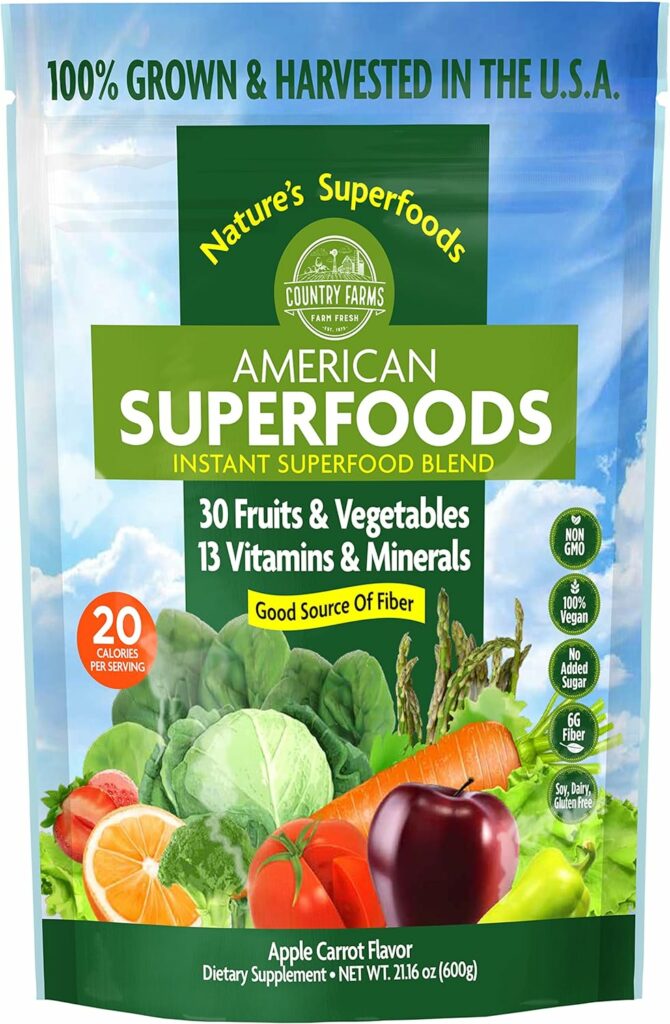 Country Farms American Superfoods 30 Fruits  Vegetables Plant Supplement Powder, Protein  Fiber, Apple Carrot Flavor, 60 Servings, Packaging May Vary