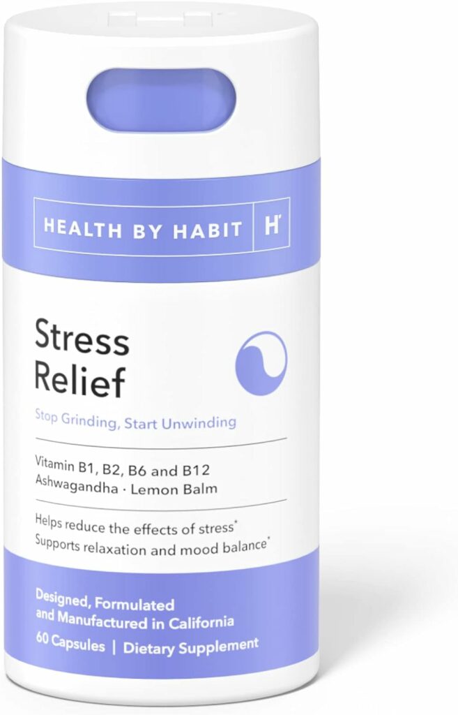 Health By Habit Stress Relief Supplement (60 Capsules) - Vitamin B, Zen, Lemon Balm, Supports Relaxation, Mood Balance, Reduce Stress, Non-GMO, Sugar Free (1 Pack)