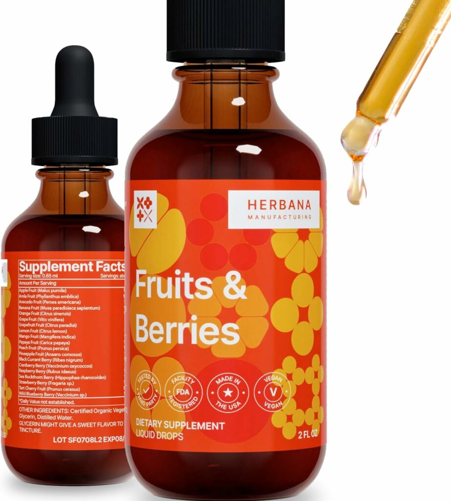 HERBANA MANUFACTURING Fruits  Berries 19-in-1 Extract 2 fl oz - 45-Day Supply - Liquid Drops for Women, Men, Kids - Whole Superfood Extracts with Essential Vitamins  Minerals - Soy Free, Sugar-Free