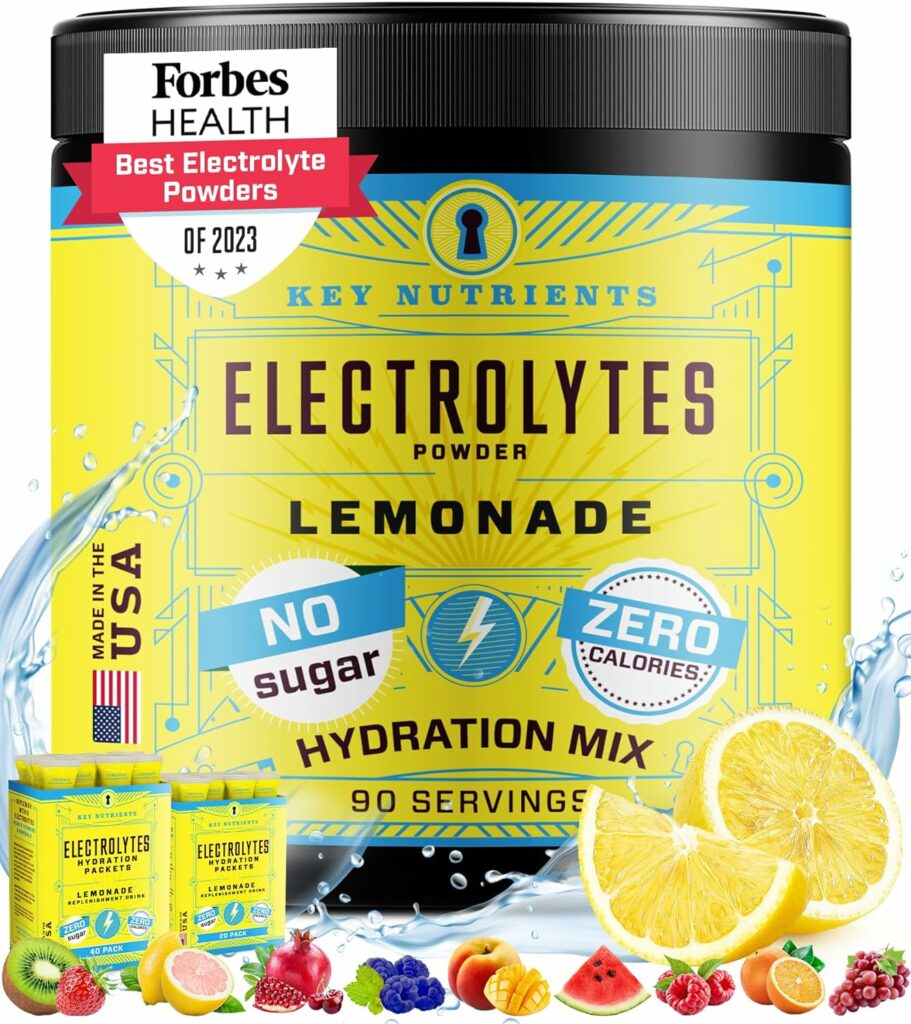 KEY NUTRIENTS Electrolytes Powder No Sugar - Refreshing Lemonade Electrolyte Drink Mix - Hydration Powder - No Calories, Gluten Free - Powder and Packets (20, 40 or 90 Servings)