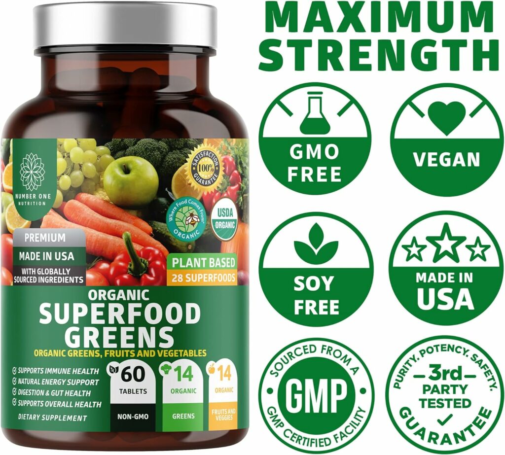 N1N Premium Organic Superfood Greens [28 Powerful Ingredients] Natural Fruit and Veggie Supplement with Alfalfa, Beet Root and Ginger to Boost Energy, Immunity and Gut Health, Made in USA, 60 Ct