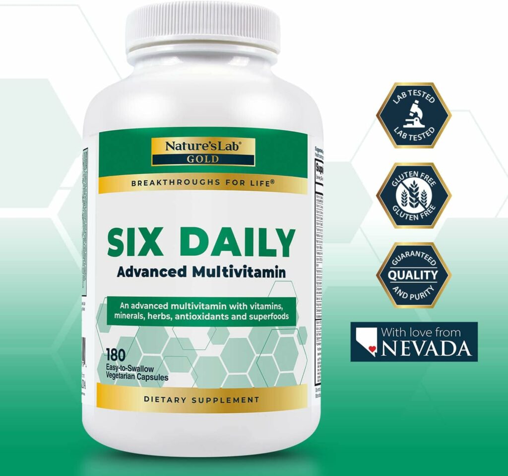 Natures Lab Six Daily Advanced Multivitamin - Over 90 Nutrients, Minerals, Antioxidants, Herbs  Whole Foods - 180 Capsules (30 Day Supply)