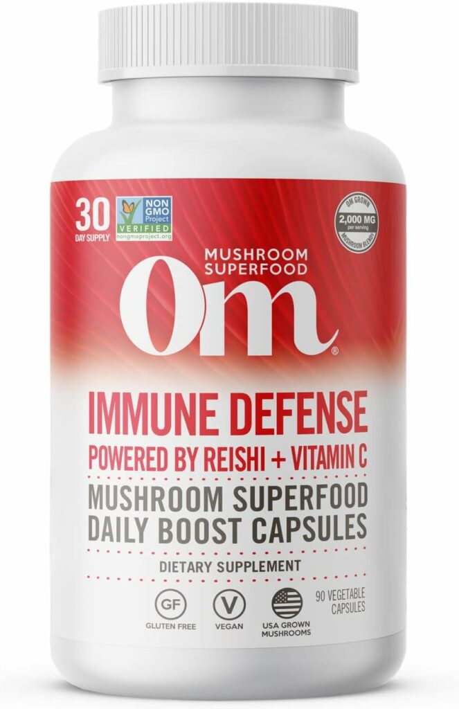 Om Mushroom Superfood Immune Defense Mushroom Capsules Superfood Supplement, 90 Count, 30 Days, Mushroom Blend, Reishi, Turkey Tail, Maitake, Agaricus Blazei, Vitamin C, Vegan
