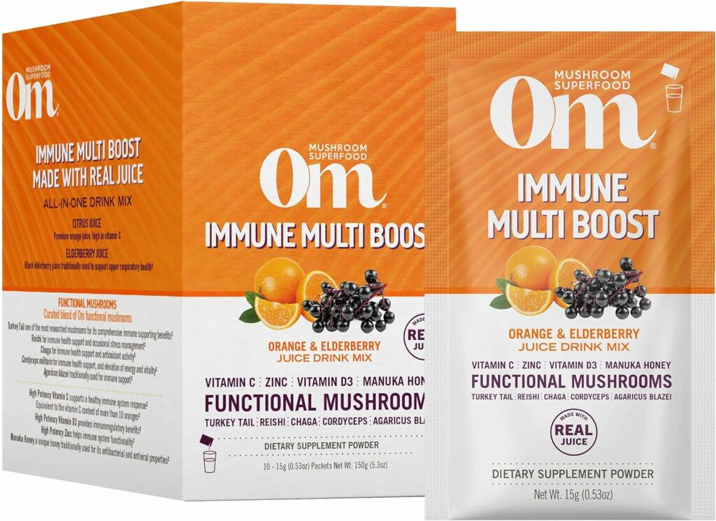 Om Mushroom Superfood Immune Multi Boost, Orange  Elderberry, Single Serve, Mushroom Blend, Cordyceps, Reishi, Turkey Tail, Chaga, Vitamin C with D3 and Zinc, Immune Support Supplement, Pack of 10