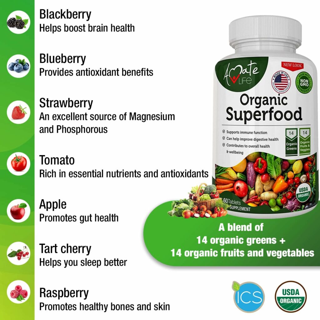 Organic Superfood Greens Fruits and Veggies Complex - Best Dietary Supplement with 14 Greens and 14 Fruits  Vegetables with Alfalfa Rich in Antioxidants Organic Ingredients Non-GMO 60 Tablets
