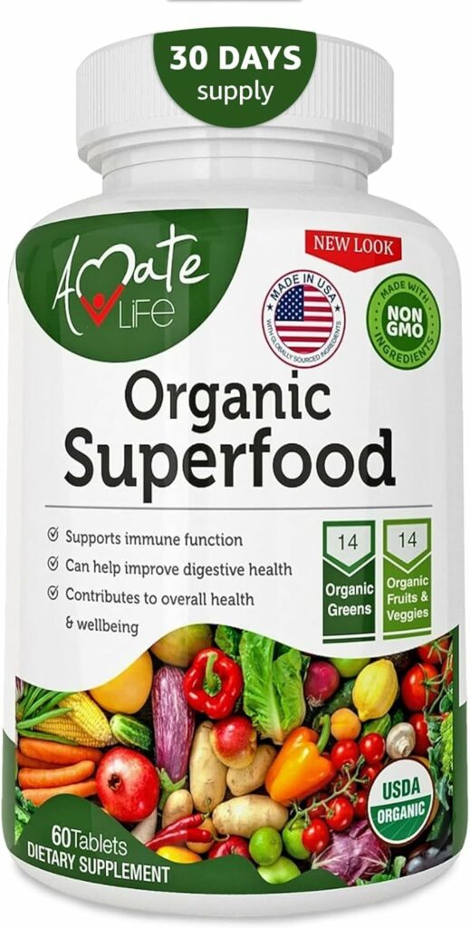 Organic Superfood Greens Fruits and Veggies Complex - Best Dietary Supplement with 14 Greens and 14 Fruits  Vegetables with Alfalfa Rich in Antioxidants Organic Ingredients Non-GMO 60 Tablets
