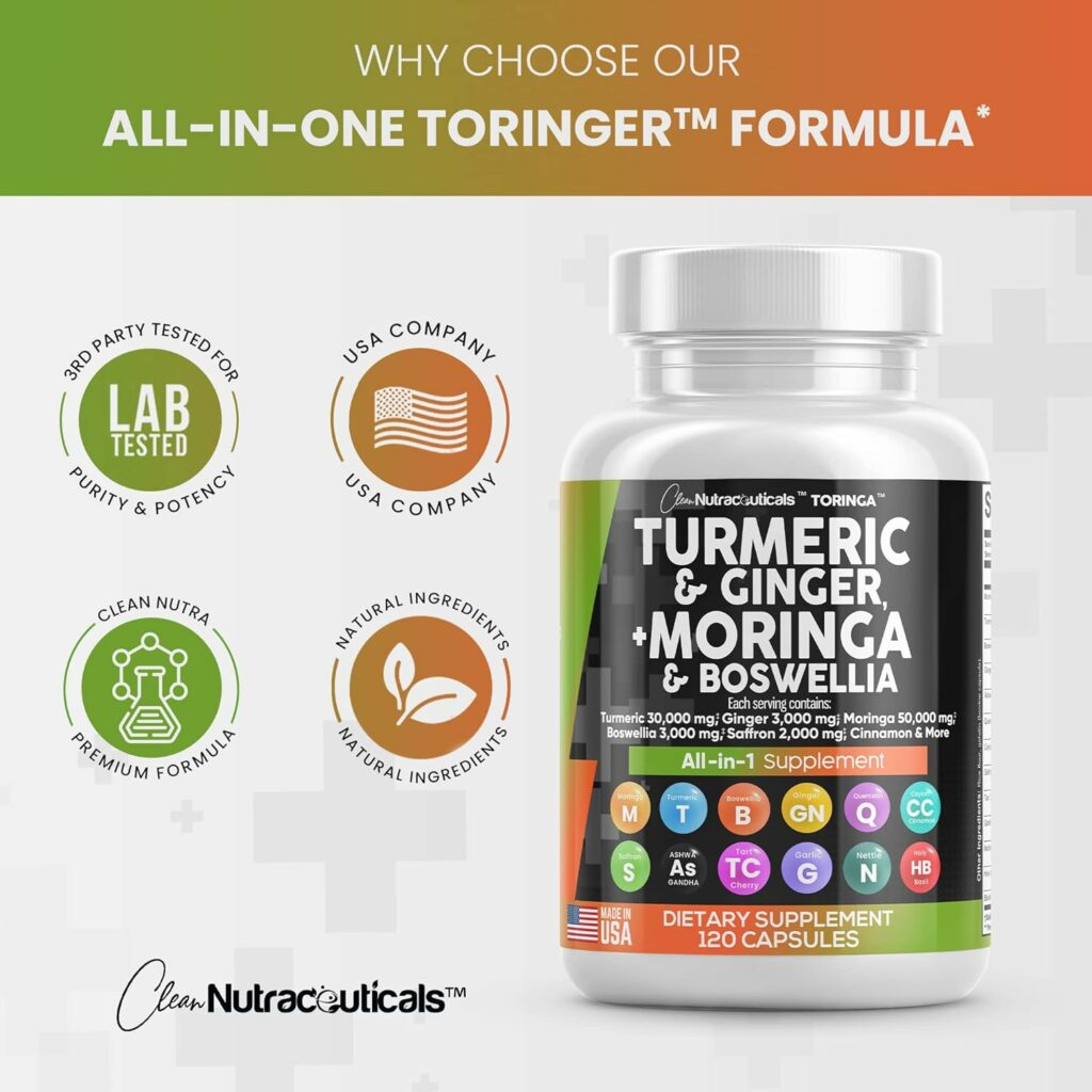 Turmeric Curcumin 30000mg Ginger 3000mg Moringa 50000mg Boswellia 3000mg Saffron 2000mg - Joint Support Supplement for Women and Men with Ceylon Cinnamon, Quercetin, Tart Cherry - Made in USA 120 Caps