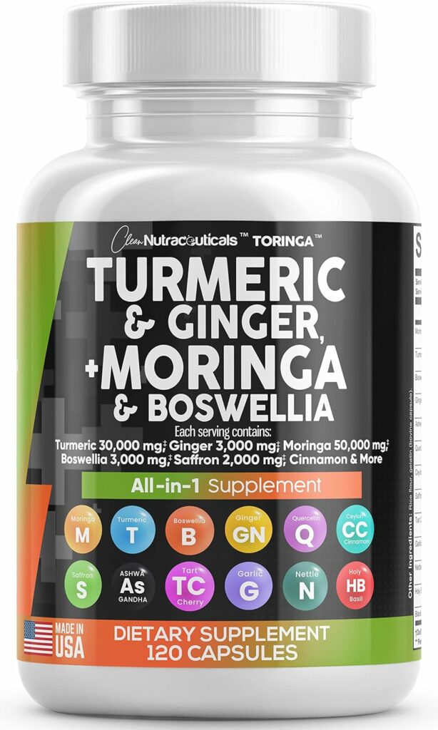 Turmeric Curcumin 30000mg Ginger 3000mg Moringa 50000mg Boswellia 3000mg Saffron 2000mg - Joint Support Supplement for Women and Men with Ceylon Cinnamon, Quercetin, Tart Cherry - Made in USA 120 Caps
