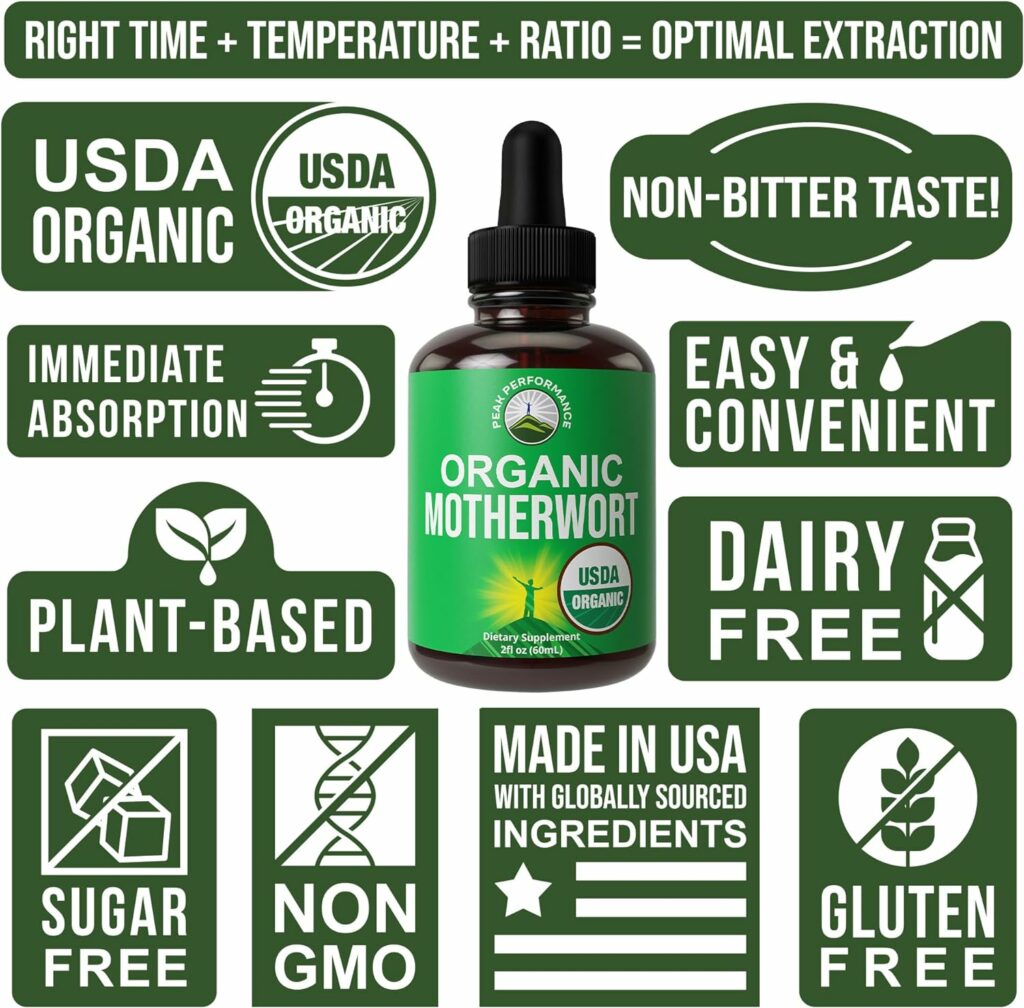 USDA Organic Motherwort Aerial Extract Liquid Drops. Vegan Herbal Supplement, Zero Sugar, Promotes Calm, Relaxation, Menstrual Relief and Endocrine Health. Motherwort Herb Tincture For Women and Men