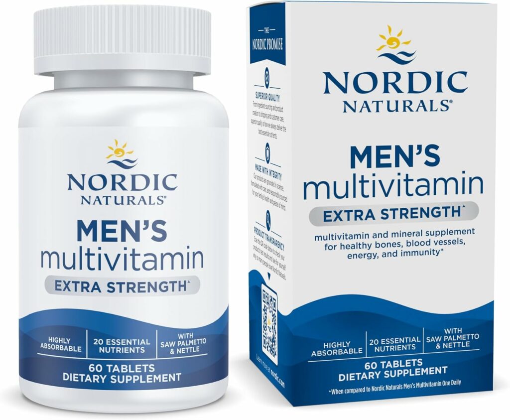 Nordic Naturals Men’s Multivitamin Extra Strength - Bone, Energy,  Blood-Vessel Support - Immunity Supplement - 20 Essential Nutrients - 60 Tablets - 30 Servings