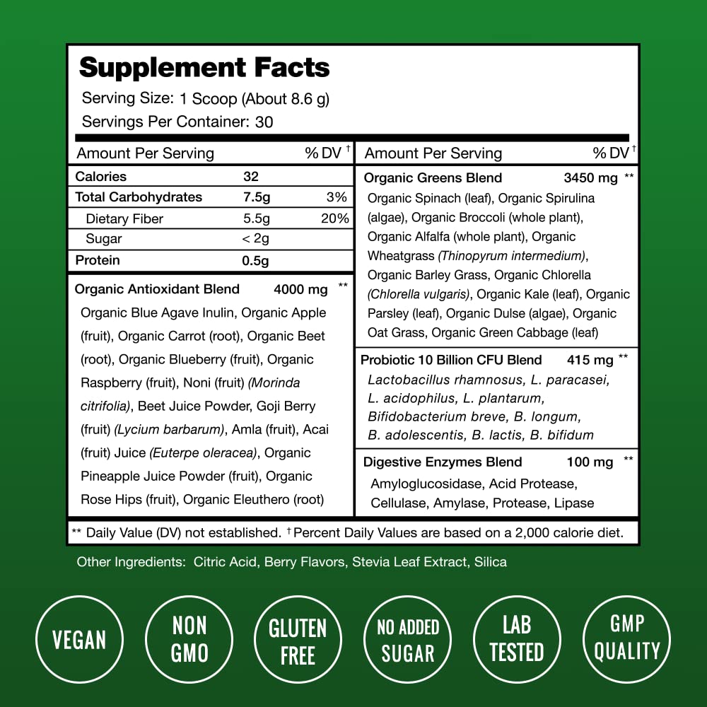 NutraChamps Super Greens Powder Premium Superfood | 20+ Organic Green Veggie Whole Foods | Wheat Grass, Spirulina, Chlorella  More | Antioxidant, Digestive Enzyme  Probiotic Blends