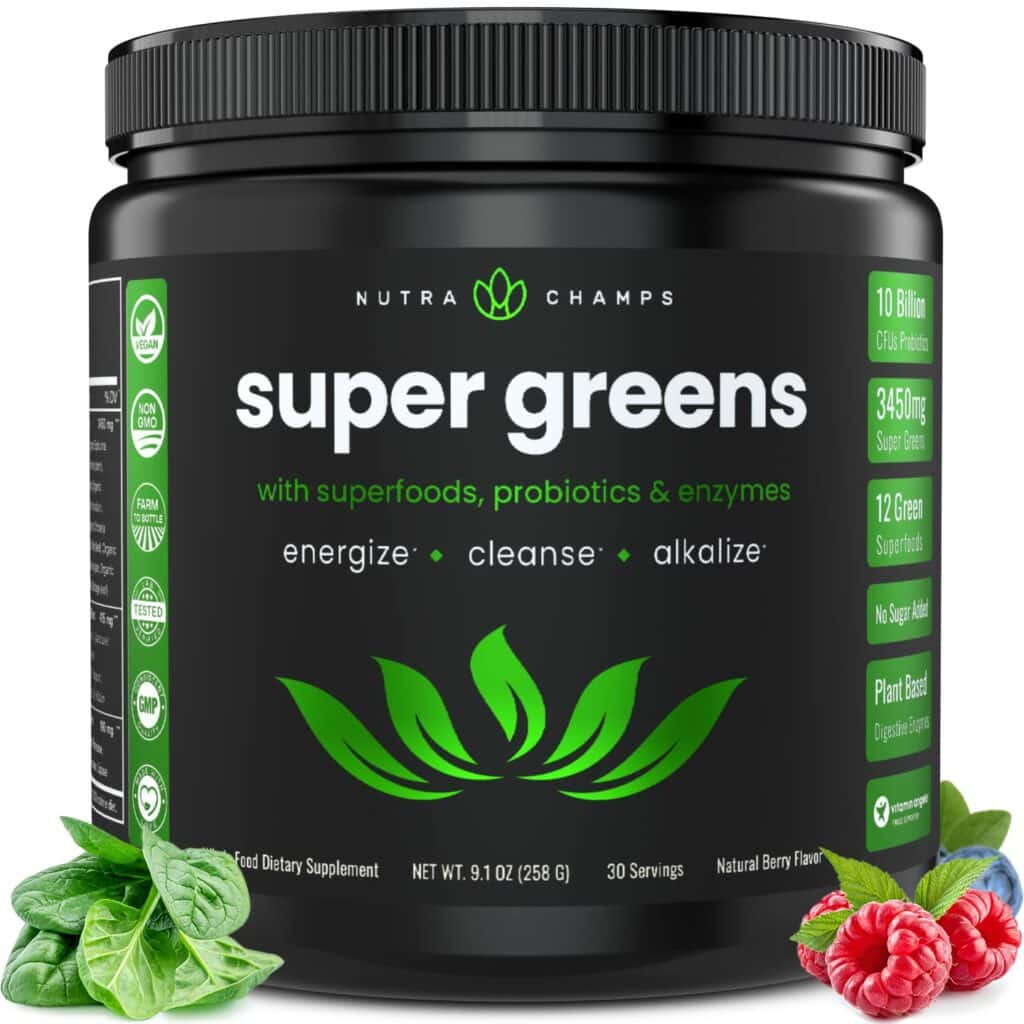 NutraChamps Super Greens Powder Premium Superfood | 20+ Organic Green Veggie Whole Foods | Wheat Grass, Spirulina, Chlorella  More | Antioxidant, Digestive Enzyme  Probiotic Blends