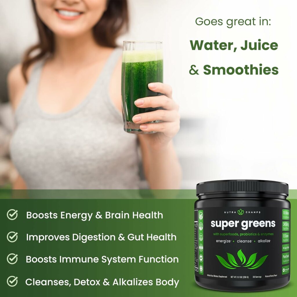 NutraChamps Super Greens Powder Premium Superfood | 20+ Organic Green Veggie Whole Foods | Wheat Grass, Spirulina, Chlorella  More | Antioxidant, Digestive Enzyme  Probiotic Blends