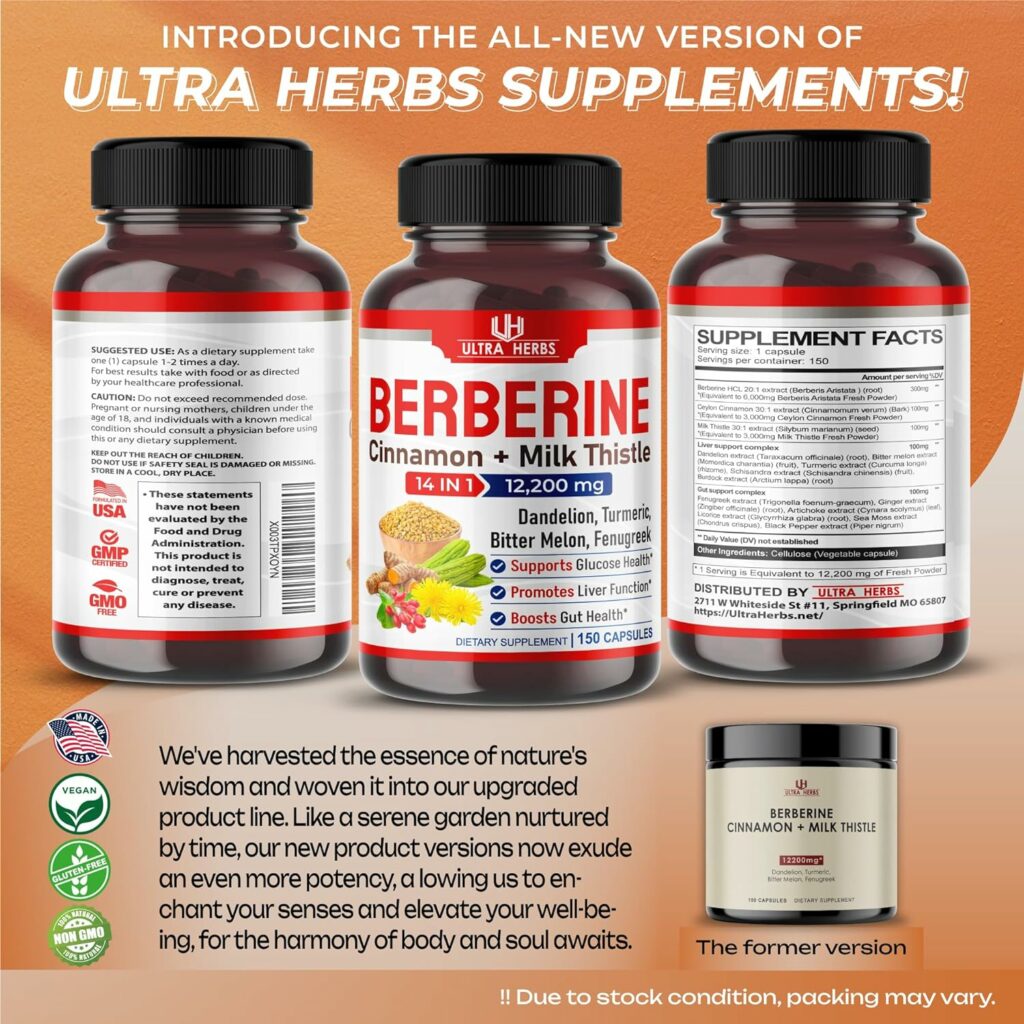 Ultra Herbs Premium Berberine 12,200MG with Cinnamon, Milk Thistle *USA Made  Test* Promotes Liver Function, Gut Health, Immunity (150 Count (Pack of 1))