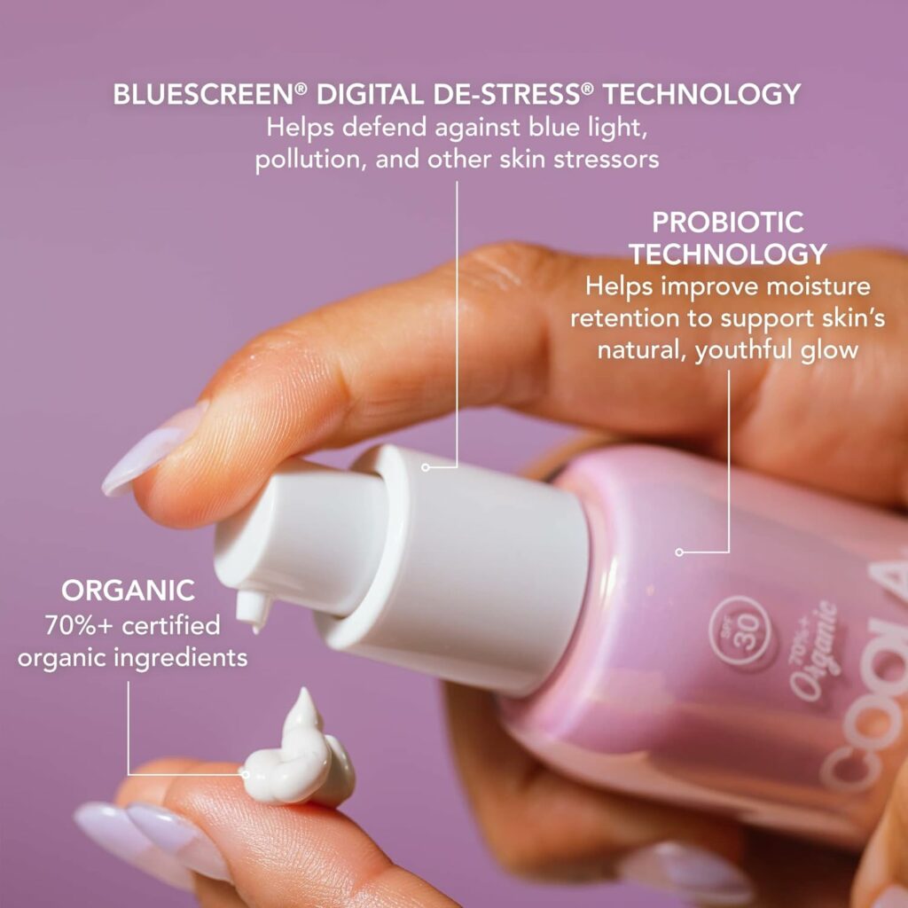 COOLA Organic Dew Good Illuminating Probiotic Serum with SPF 30, Dermatologist Tested Sunscreen with Plant-Derived BlueScreen Digital De-Stress Technology, 1.15 Fl Oz