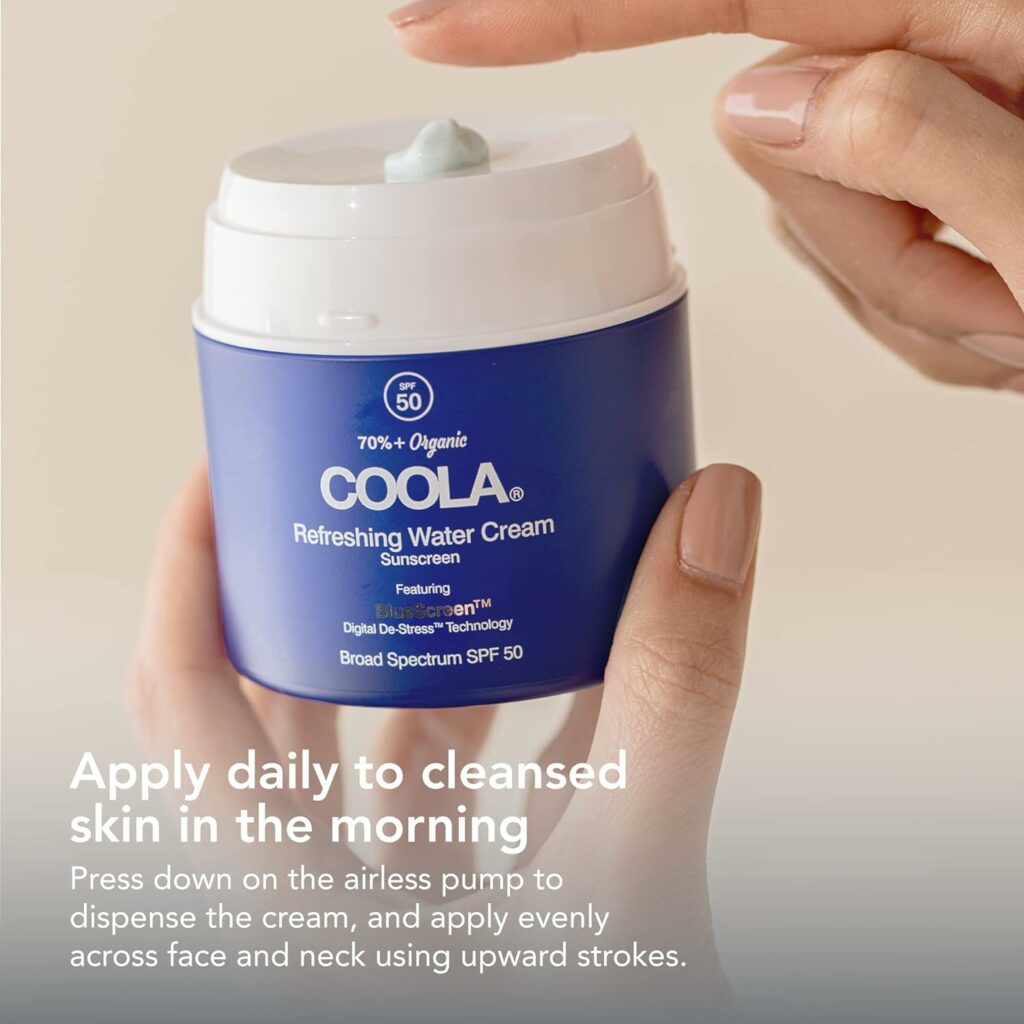 COOLA Organic Refreshing Water Cream Face Moisturizer with SPF 50, Dermatologist Tested Face Sunscreen with Plant-Derived BlueScreen Digital De-Stress Technology, 1.5 Fl Oz