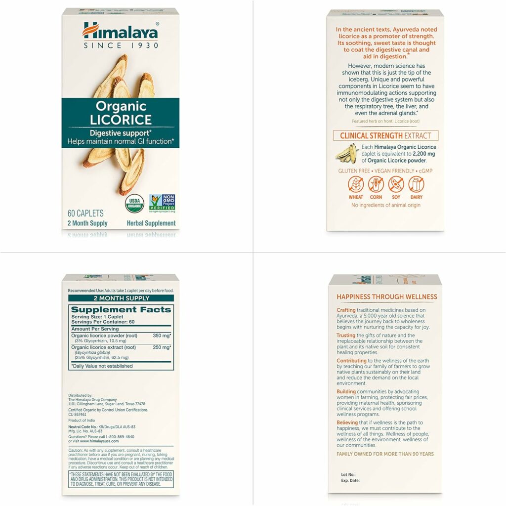 Himalaya Organic Licorice for Digestion, Gas  Heartburn Relief, 600 mg, 60 Caplets, 4 Month Supply, 2 Pack