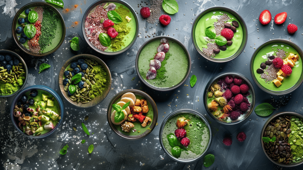 A display of colorful matcha smoothie  bowls with a variety of vibrant green colors and earthy flavors