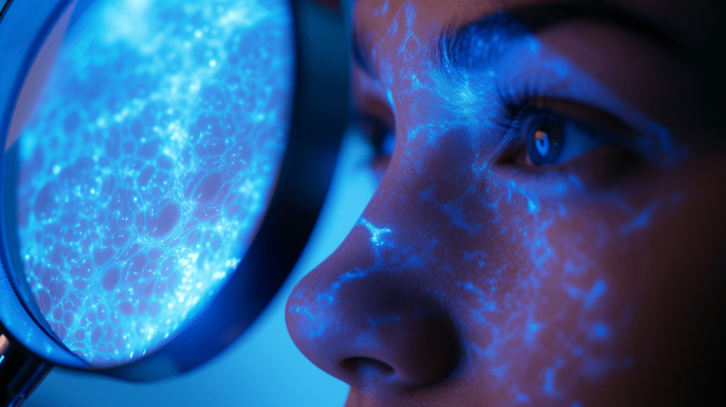 A face under a magnifying glass, revealing skin cells. A blue light beam penetrates some cells, while others are shielded by a protective, sunscreen-like layer.