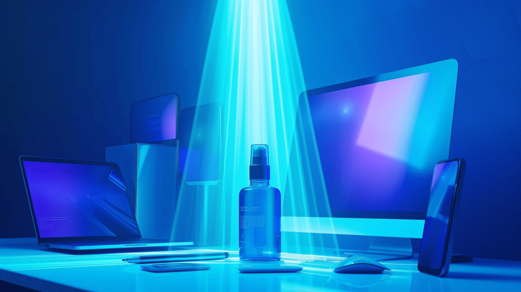 A bottle of blue light sunscreen surrounded by digital devices emitting blue light rays, all under a large, bright, protective shield, denoting protection from blue light.