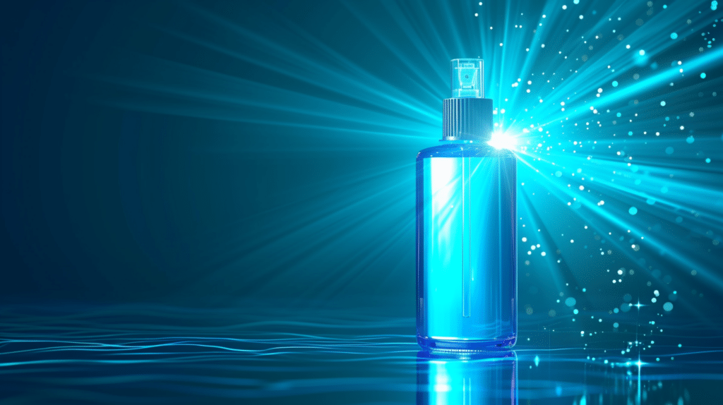 A bottle of blue light sunscreen against a digital screen background, emitting blue rays, with a visible shield reflecting the rays.
